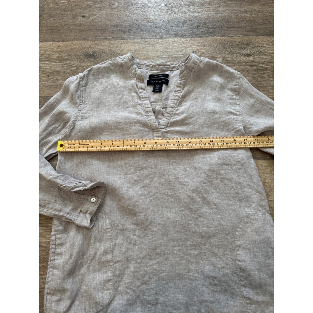 Tahari Womens XS 100% Linen Tunic Dress Oatmeal Beige Roll Tab Sleeve Pockets - Picture 5 of 7